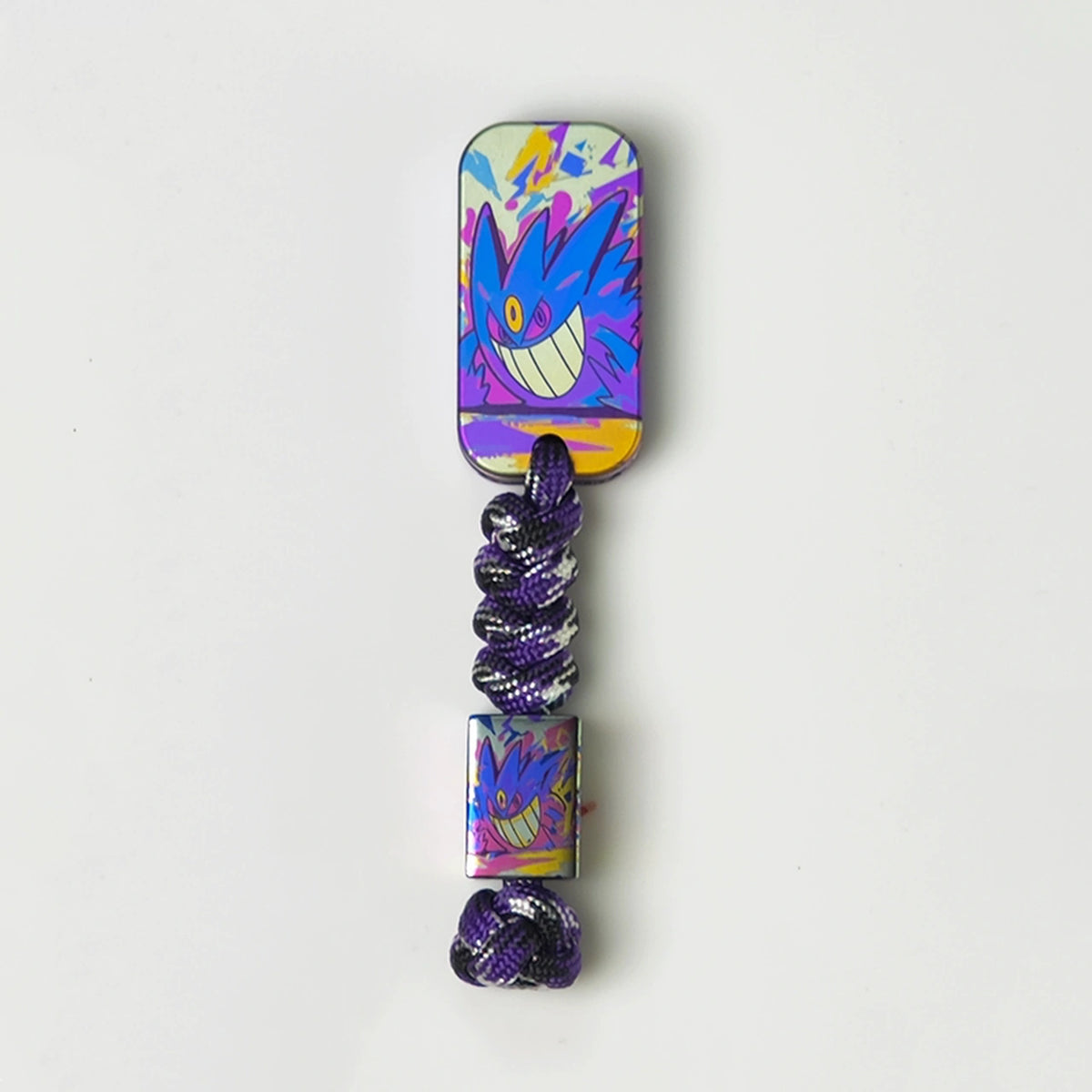 Gengar Artwork Titanium Fidget Slider: reverse illustrated slider face on purple bead lanyard (gallery view 04).