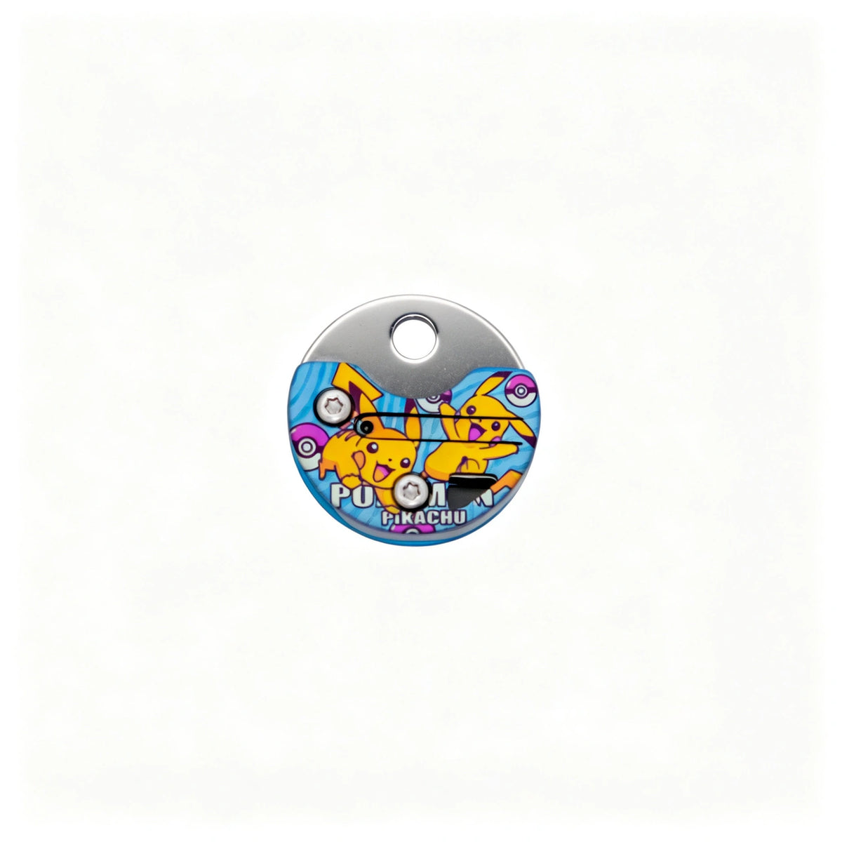 Coin-Shaped Titanium Keychain Knife: round yellow character artwork handle folded (gallery view 06).