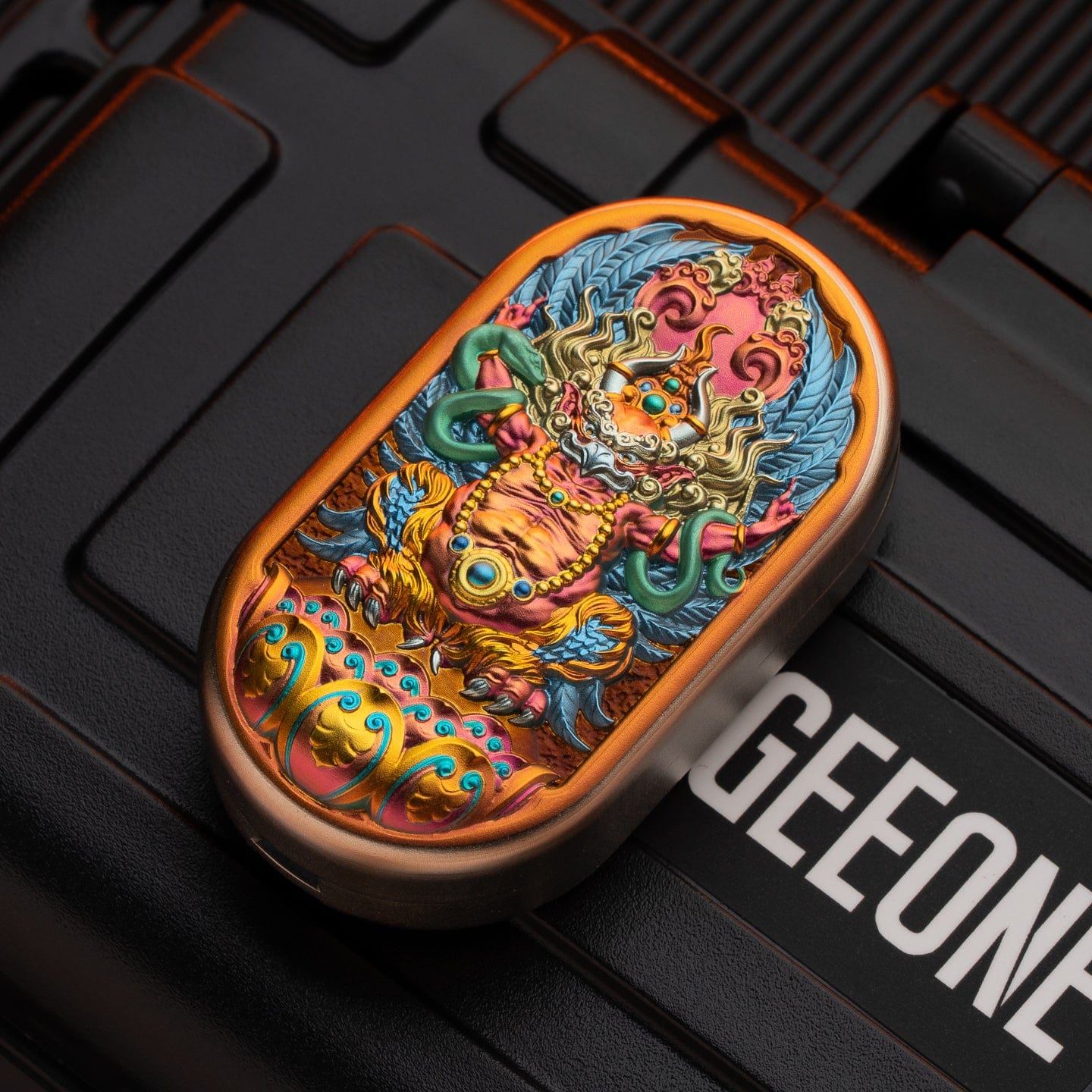 Fidget Slider EDC – Magic Art Roc Slider | Titanium Brass Cupronickel Engraved Push Slider