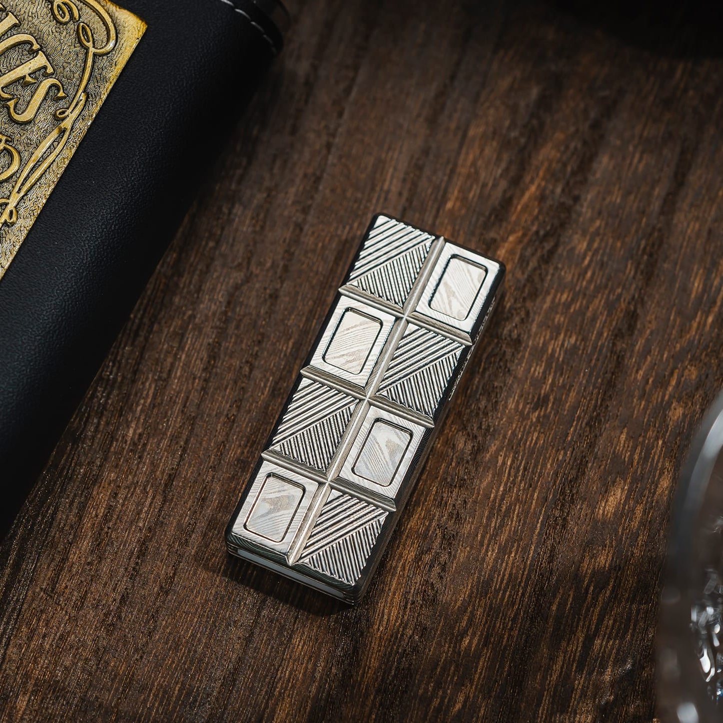 Fidget Slider EDC – 01EDC Wafer Biscuit 2.0 Chocolate | Damascus Mokume Zirconium Push Slider