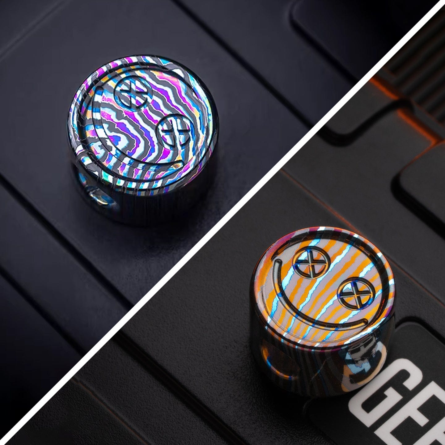 EDC Lanyard Bead – Bad Guy Smile | Titanium Zirconium Damascus Mokuti Super Conductor