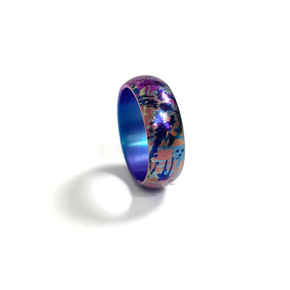 Anodized Titanium Band Ring: pink purple splatter patterned ring on white (gallery view 07).