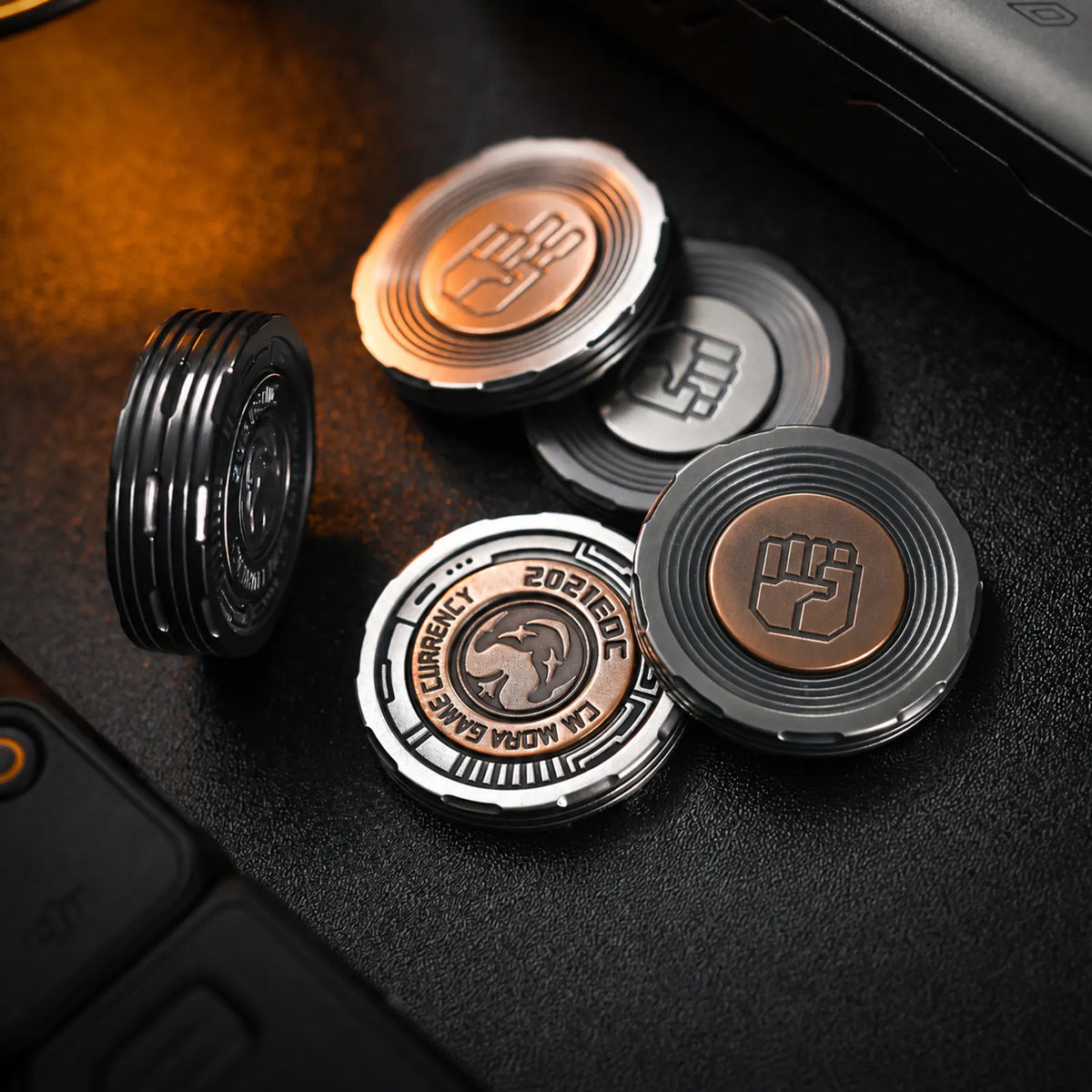 Chimago rock paper scissors decision coin set on a dark EDC display