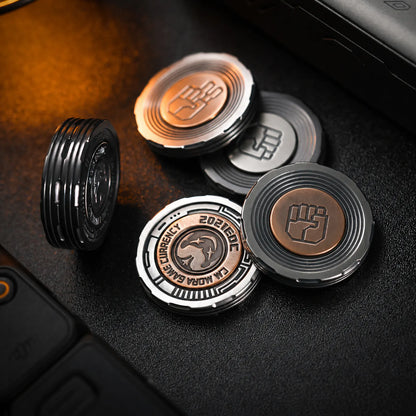 Chimago rock paper scissors decision coin set on a dark EDC display