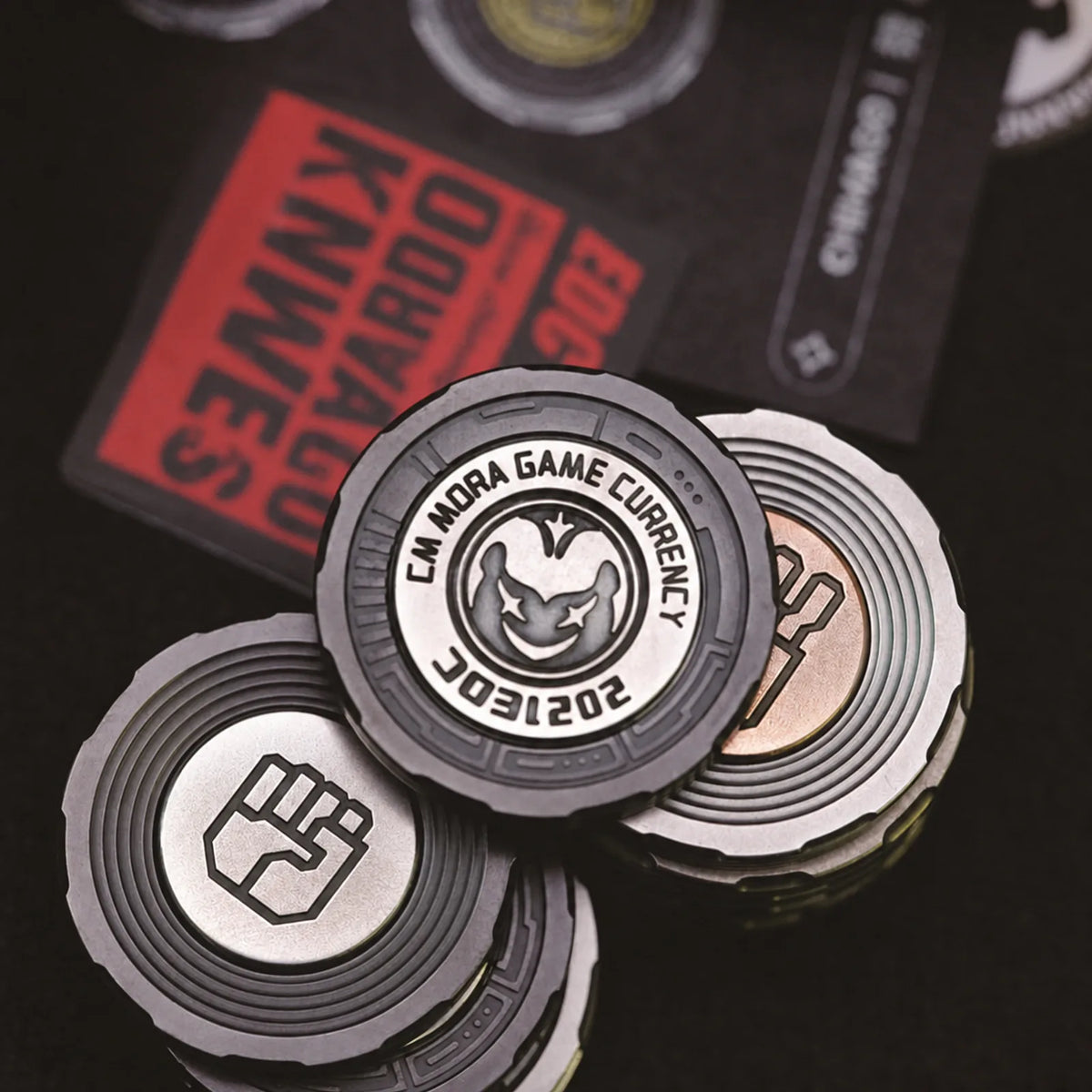 Chimago metal decision coins stacked in a collector display