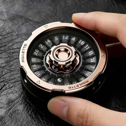 D20 decision roulette spinner in black and gold front view