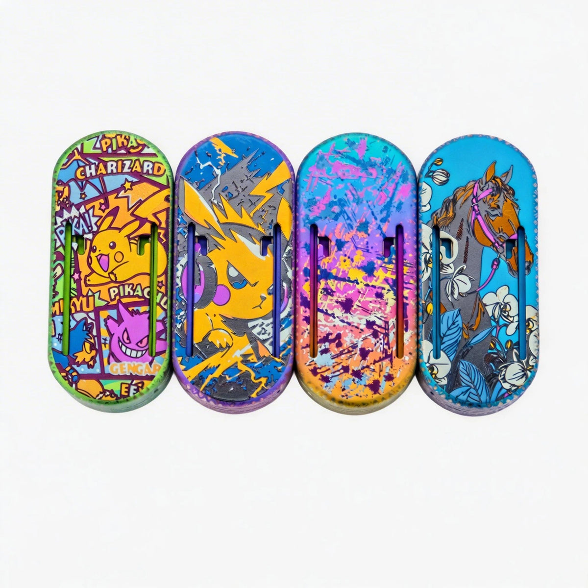 Titanium Press-Action Fidget Slider: four artwork faces angled on white (gallery view 02).