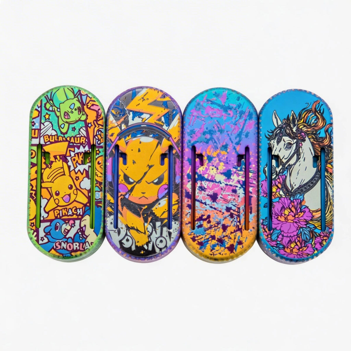 Titanium Press-Action Fidget Slider: four illustrated oval slider faces compared (gallery view 01).