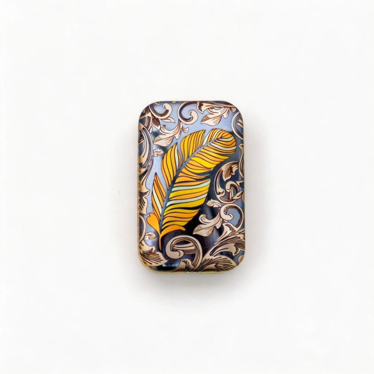 Rotating Titanium Fidget Slider: gold feather artwork on a dark rectangular face (gallery view 04).
