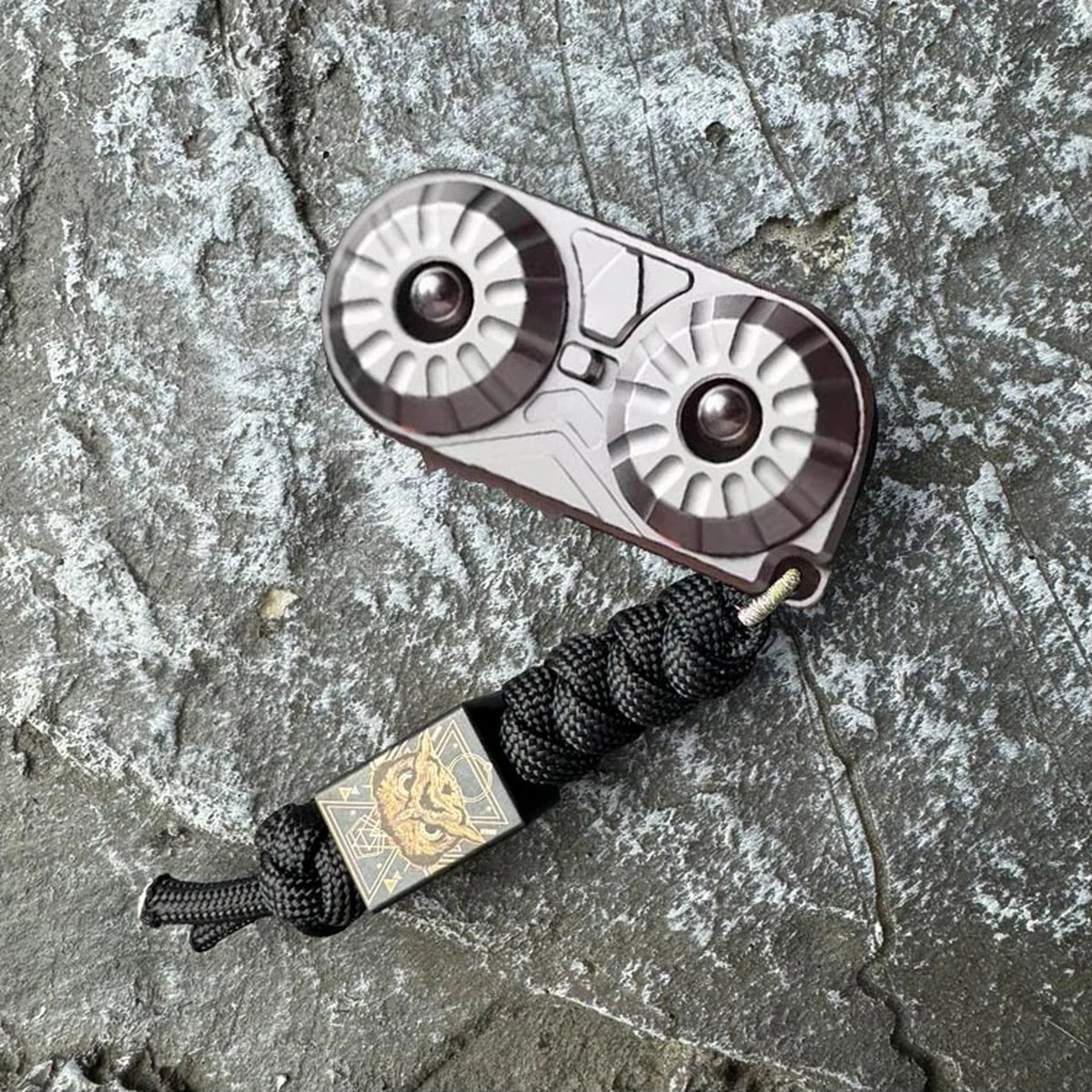Owl-Face Stainless Steel Fidget Slider: natural owl face with black bead lanyard (gallery view 06).
