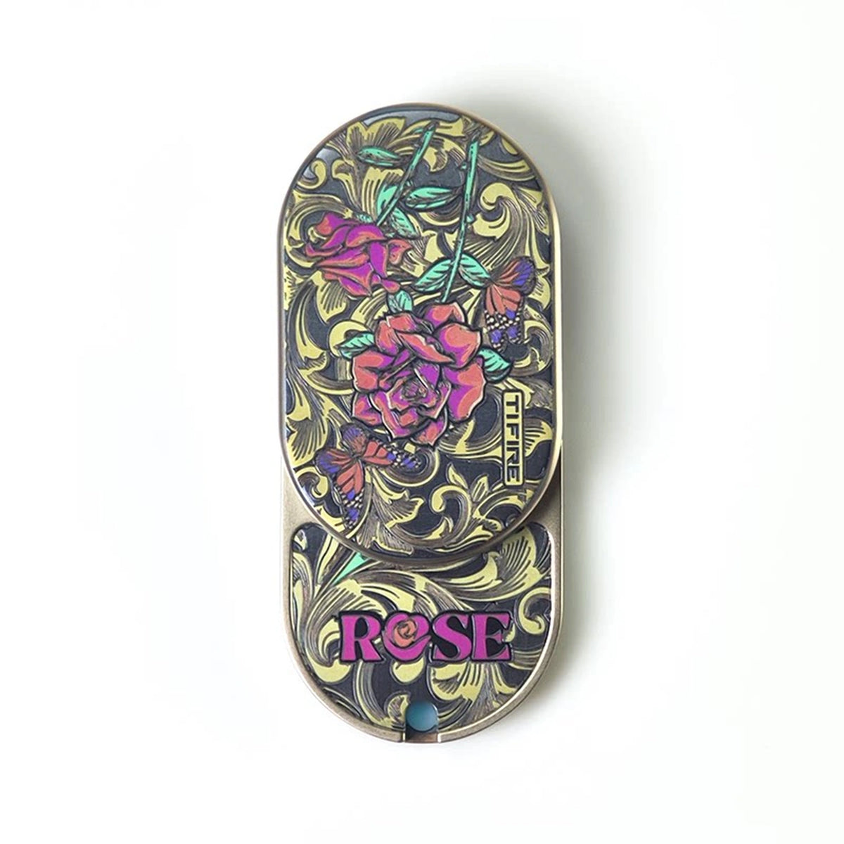 Rose Swirl Titanium Rotary Fidget Slider: rose face partially slid over lower plate (gallery view 02).