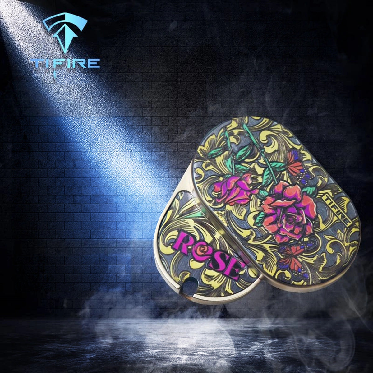Rose Swirl Titanium Rotary Fidget Slider: two rose artwork plates against dark background (gallery view 01).