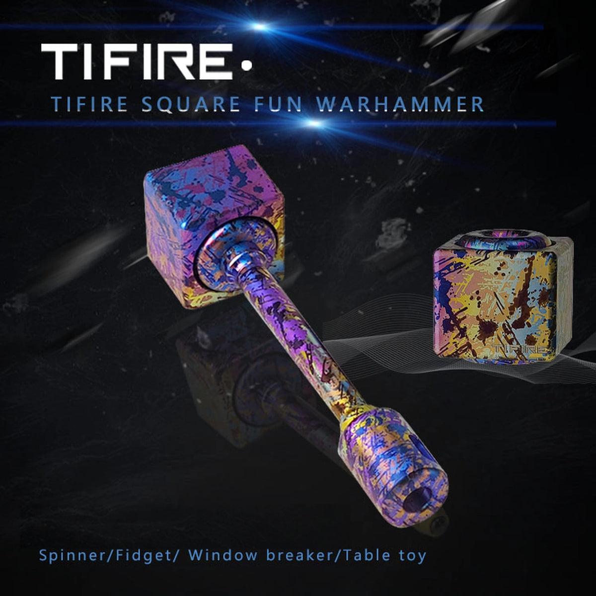 Square Titanium Fidget Spinner: square spinner and hammer-style handle display (gallery view 01).