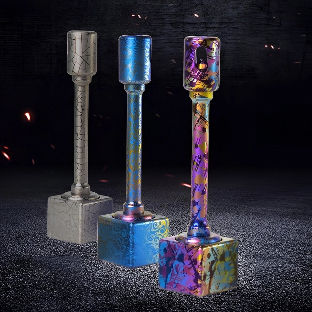 Square Titanium Fidget Spinner: three assembled configurations standing upright (gallery view 04).