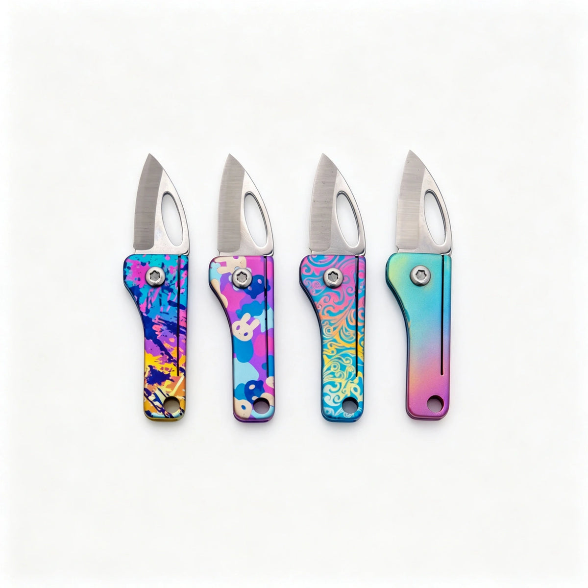 Compact Titanium Folding Keychain Knife: four rectangular handles with blades opened (gallery view 02).