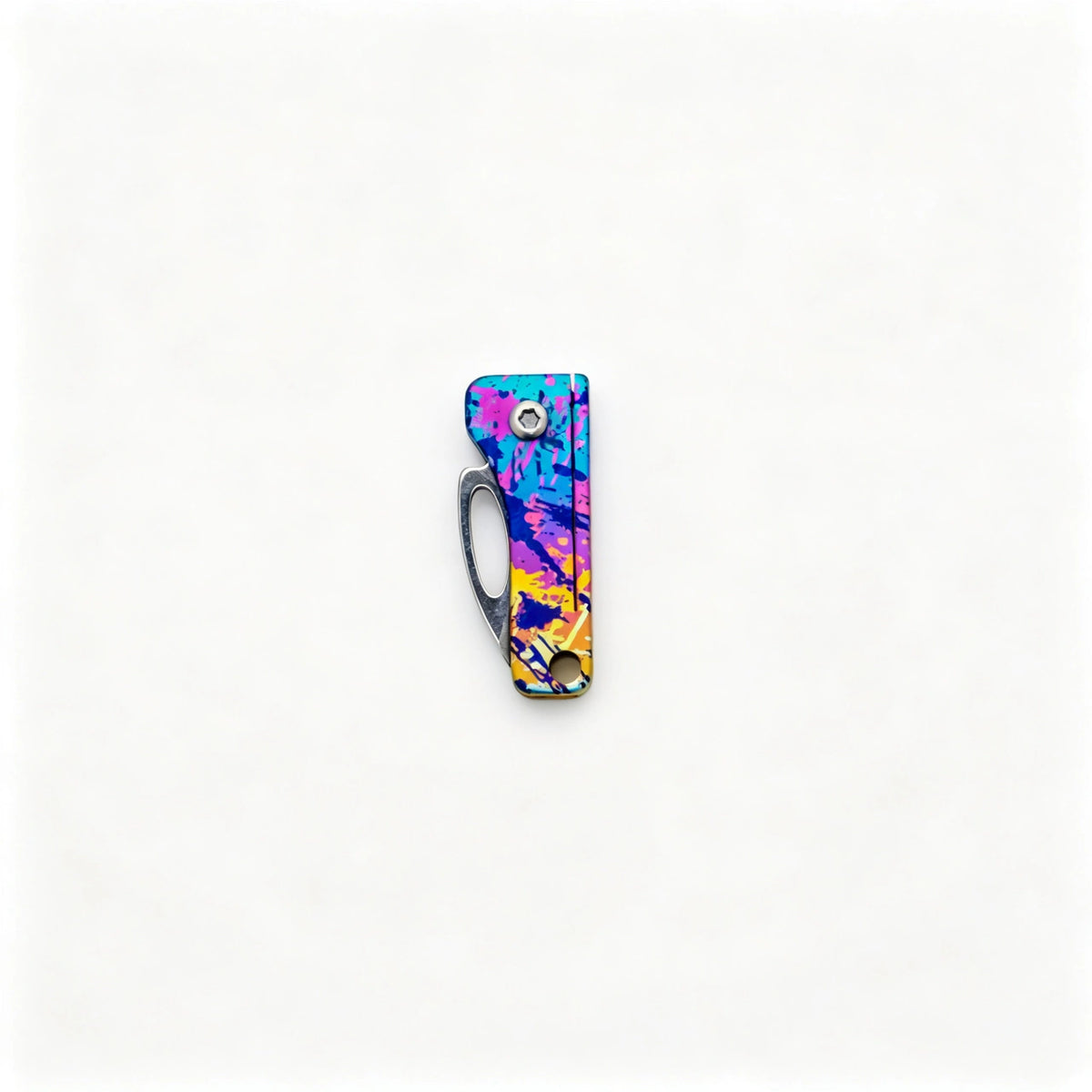 Compact Titanium Folding Keychain Knife: multicolor illustrated handle with blade folded (gallery view 03).
