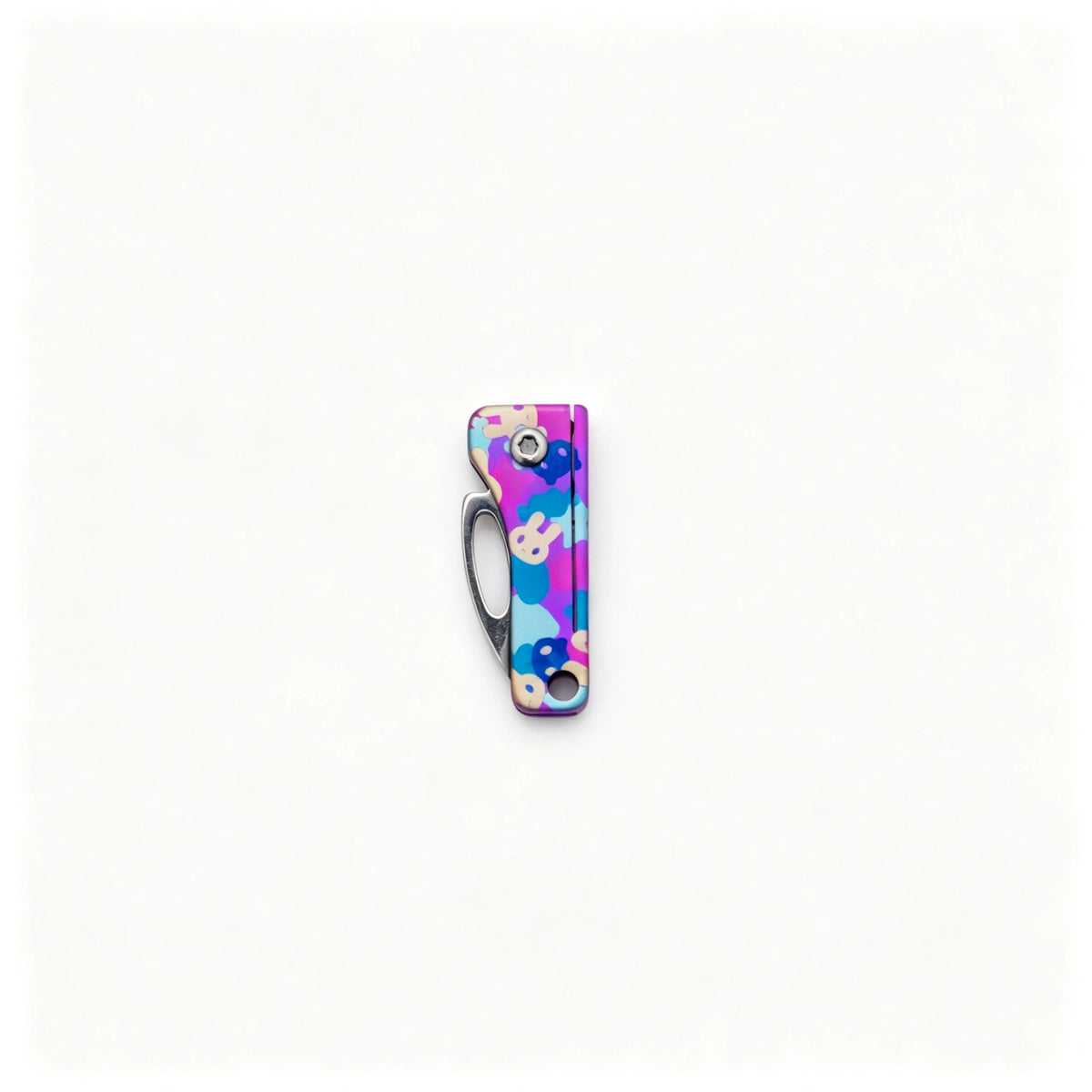 Compact Titanium Folding Keychain Knife: rabbit artwork handle with blade folded (gallery view 05).