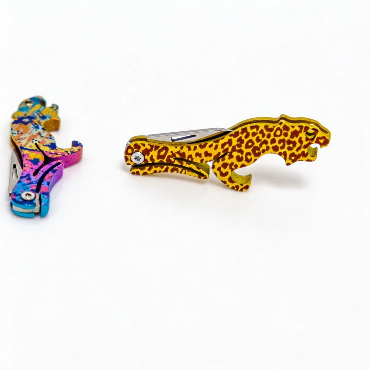 Animal-Shaped Titanium Folding Knife & Bottle Opener: splatter and leopard silhouettes in folded positions (gallery view 04).