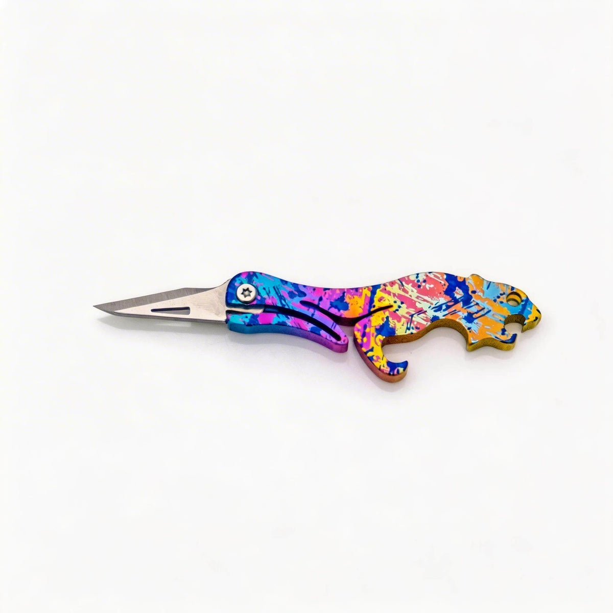Animal-Shaped Titanium Folding Knife & Bottle Opener: splatter handle with blade extended on white (gallery view 05).