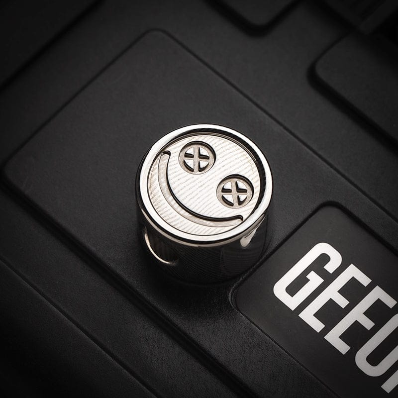 EDC Lanyard Bead – Bad Guy Smile | Titanium Zirconium Damascus Mokuti Super Conductor