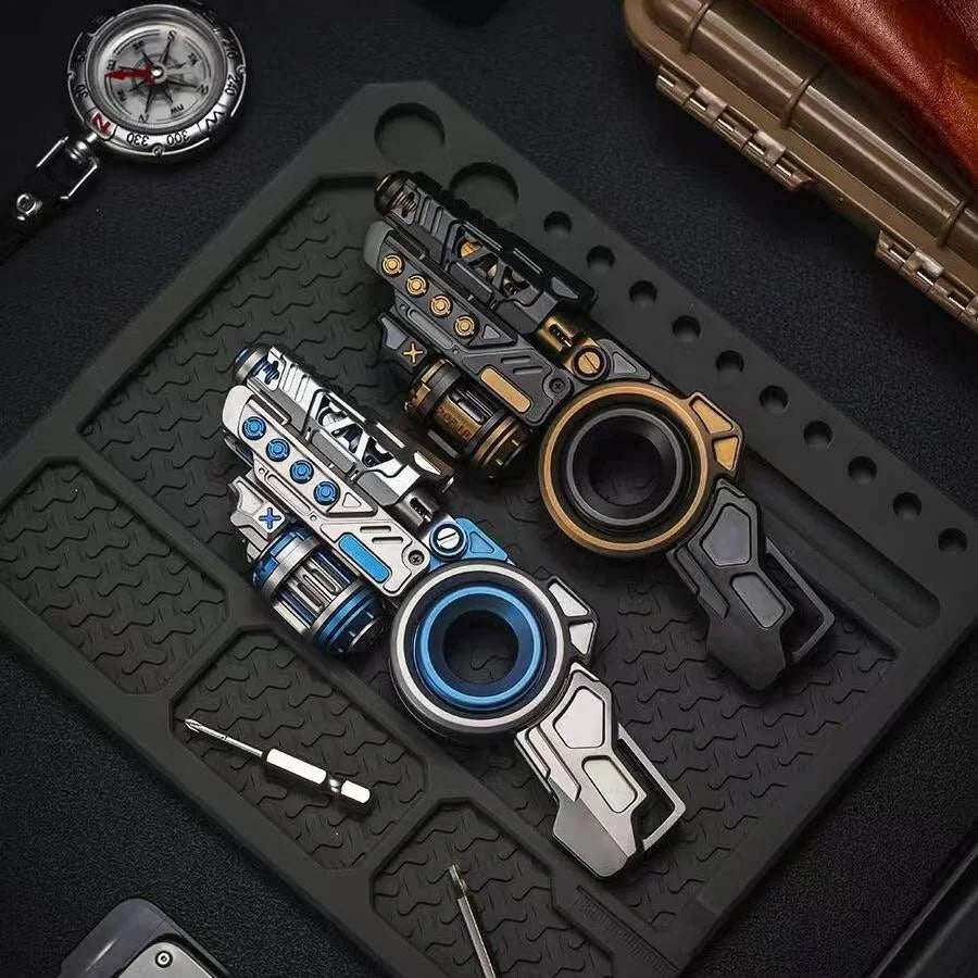 Black-gold and silver-blue Time Knight PRO toys on a display mat