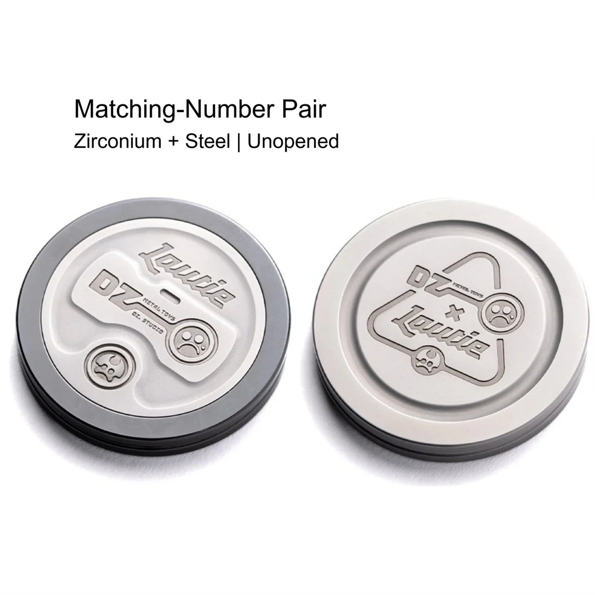 Zirconium and steel Showhand coins shown as a two-coin pair