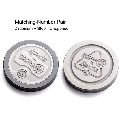 Zirconium and steel Showhand coins shown as a two-coin pair