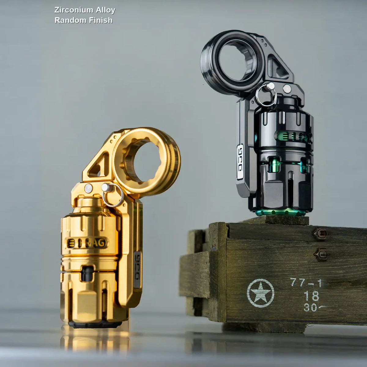 Two zirconium Destroyer finish examples shown together