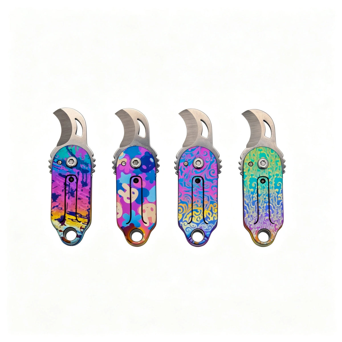 Gear-Edge Titanium Keychain Knife: four illustrated handles with blades unfolded (gallery view 02).