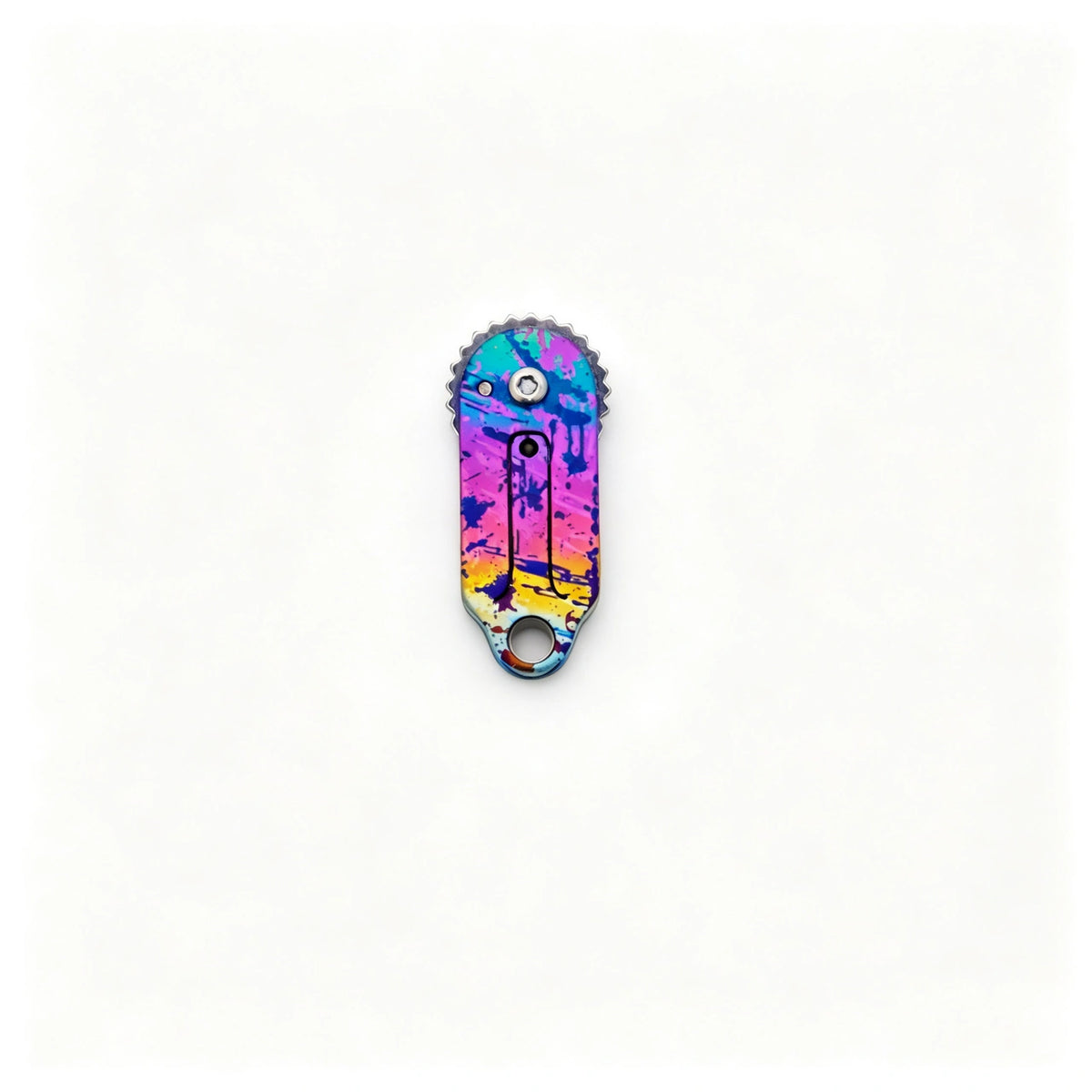 Gear-Edge Titanium Keychain Knife: multicolor illustrated handle folded on white (gallery view 03).