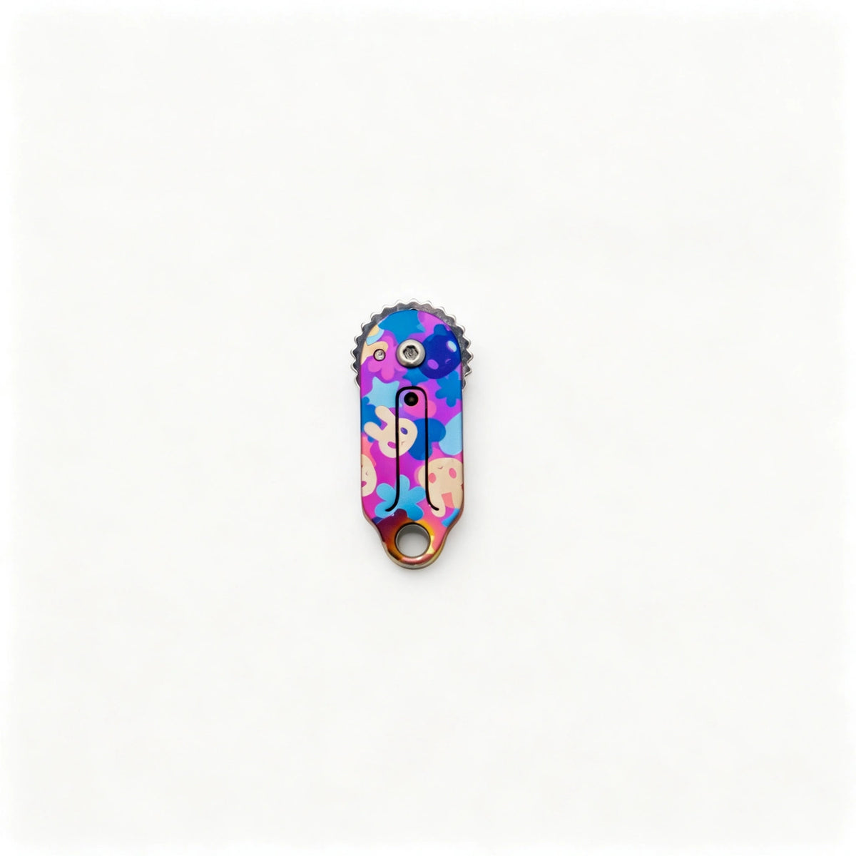 Gear-Edge Titanium Keychain Knife: rabbit artwork handle folded on white (gallery view 05).