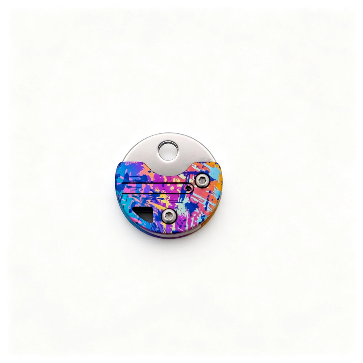 Coin-Shaped Titanium Keychain Knife: round pink blue illustrated handle folded (gallery view 05).
