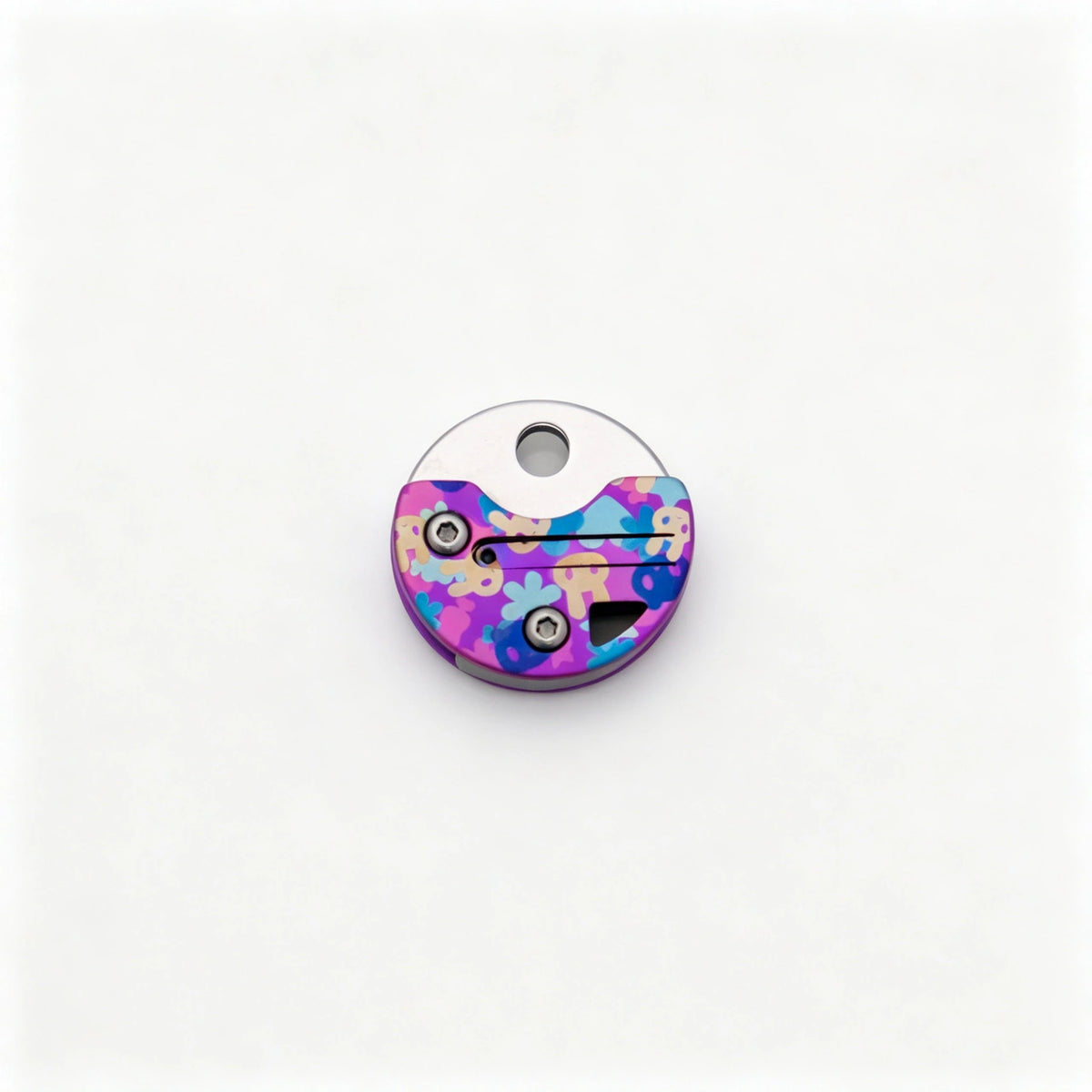 Coin-Shaped Titanium Keychain Knife: round rabbit artwork handle folded on white (gallery view 04).