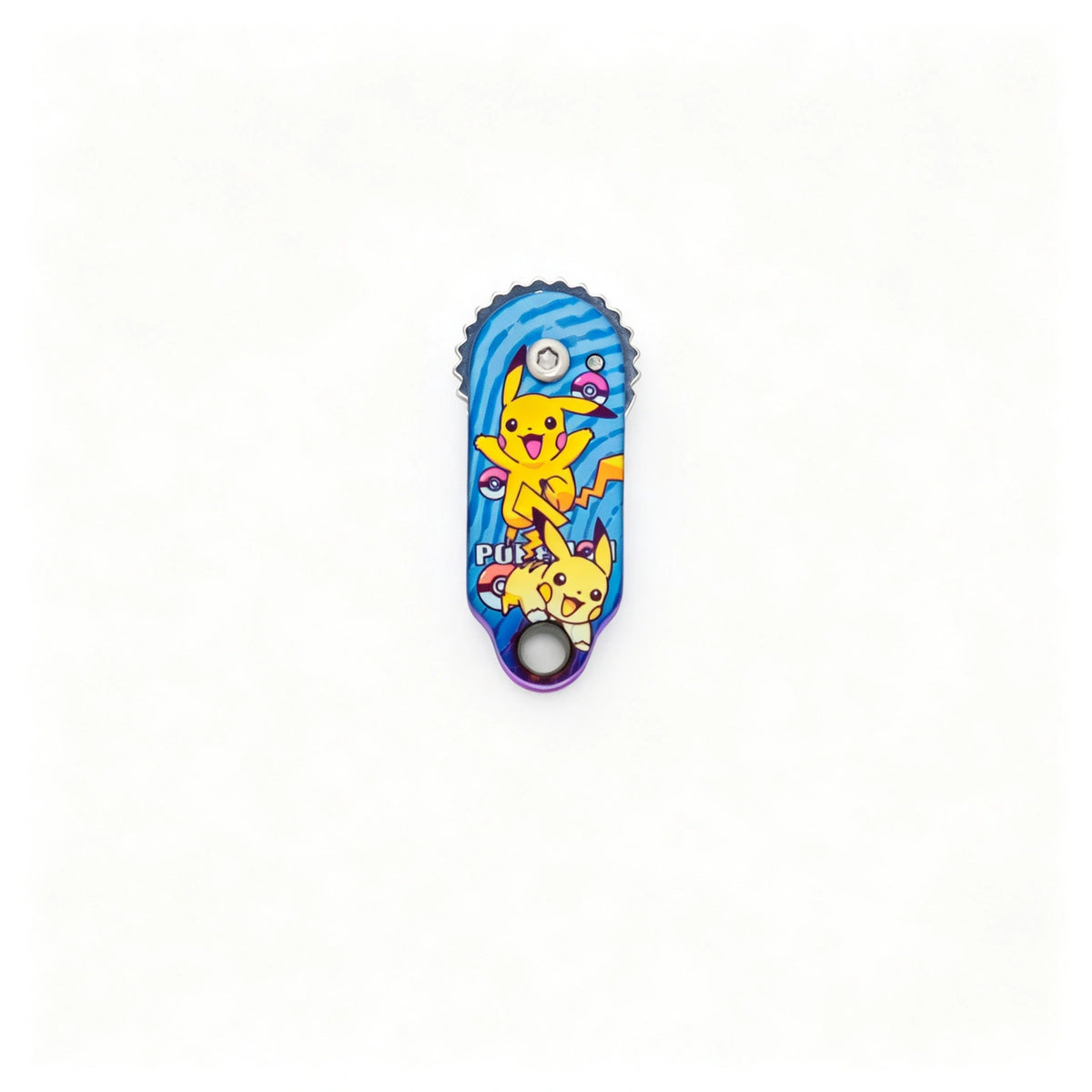 Gear-Edge Titanium Keychain Knife: yellow character artwork handle folded on white (gallery view 06).