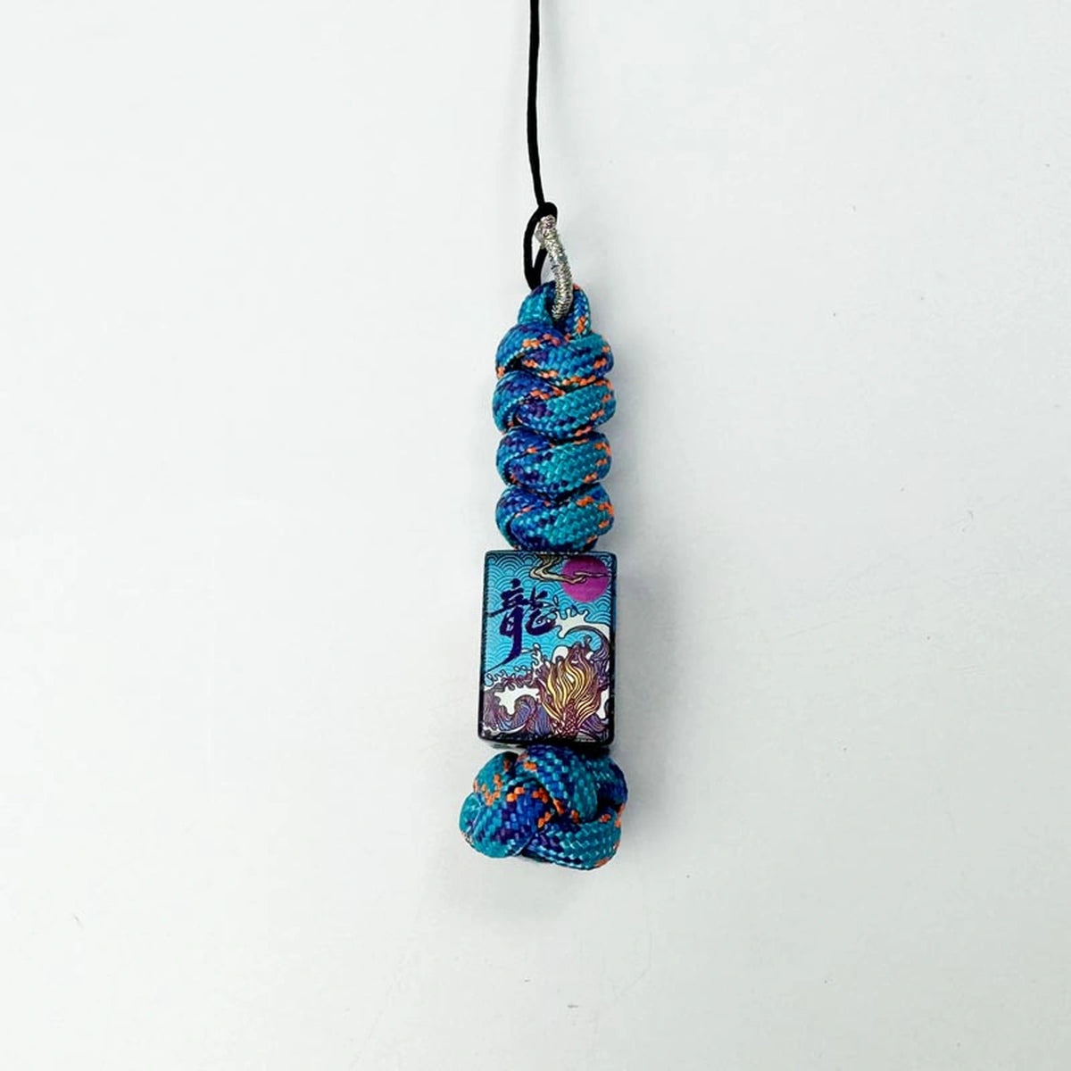 Wave Dragon Titanium Lanyard Bead: dragon artwork bead on blue orange lanyard (gallery view 07).