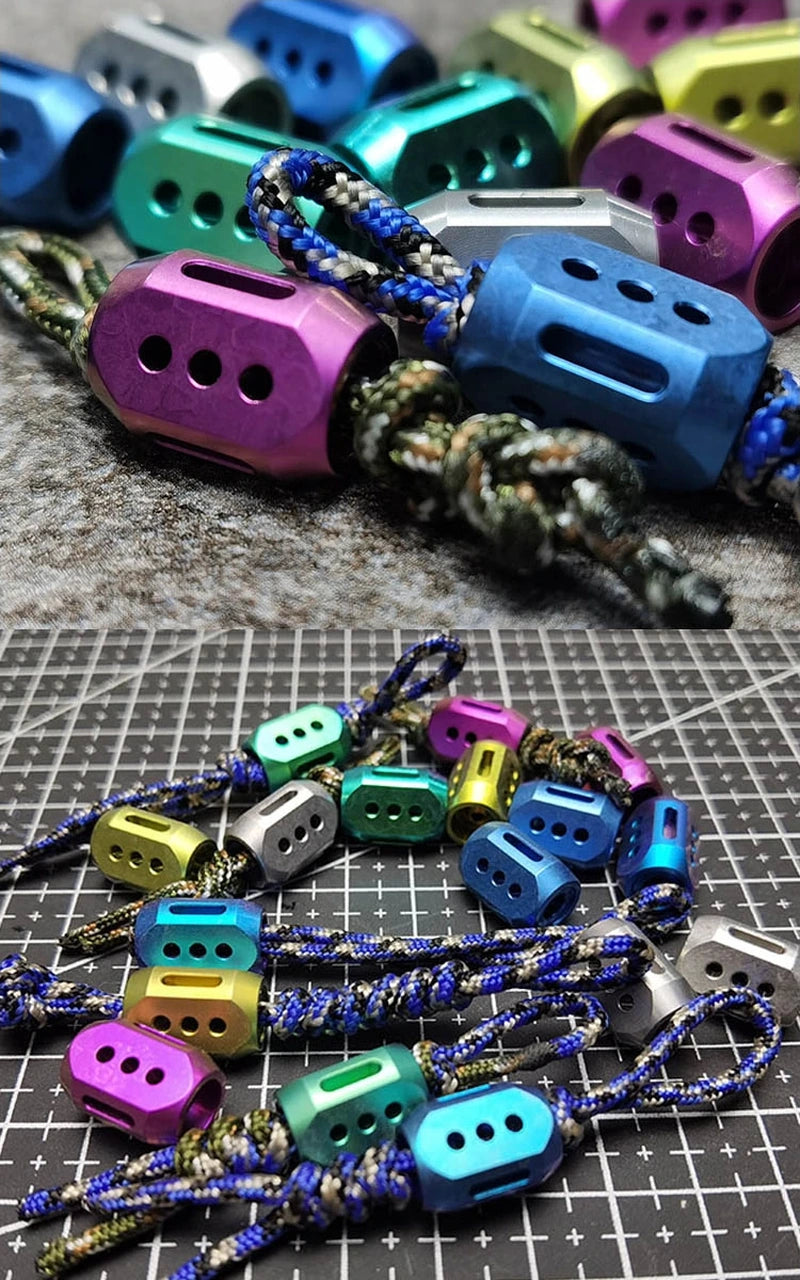 Nine-Star TC4 Titanium Lanyard Bead: faceted beads shown on several braided cord examples (gallery view 04).