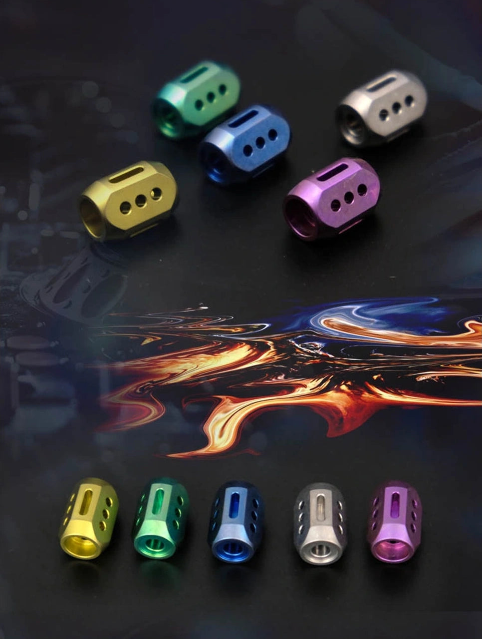 Nine-Star TC4 Titanium Lanyard Bead: front and end views of five anodized bead colors (gallery view 02).