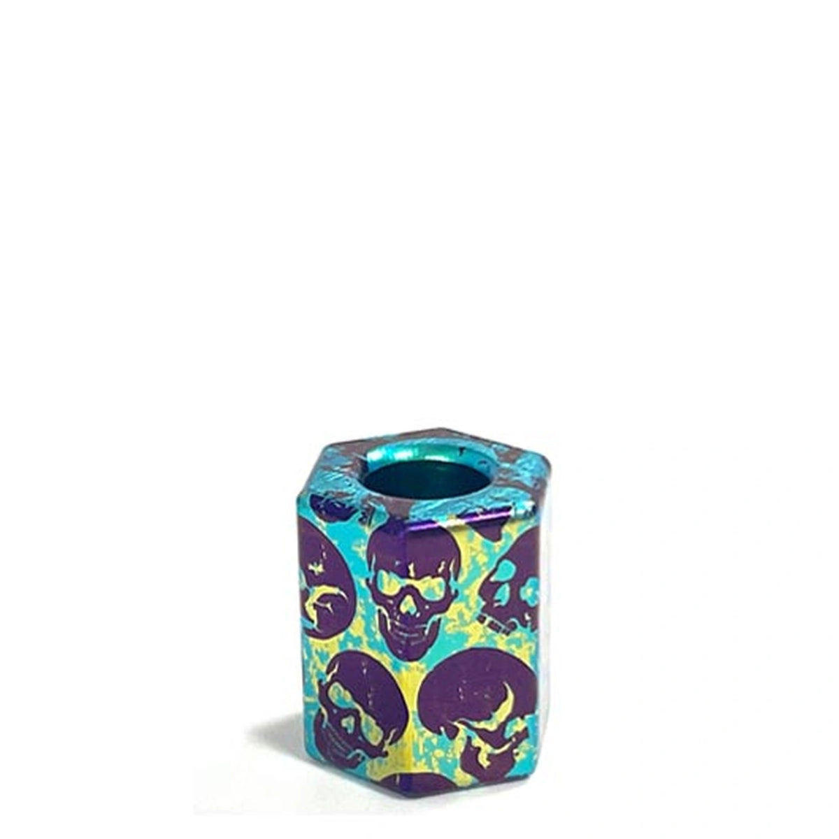 Green & Blue Skull Titanium Lanyard Beads: green hexagonal skull bead angled on white (gallery view 14).