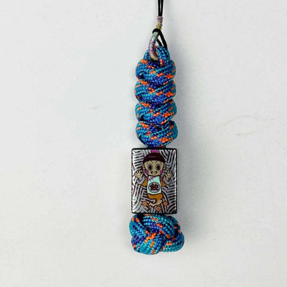Chiaotzu Artwork Titanium Lanyard Bead: illustrated bead on blue orange woven cord (gallery view 07).