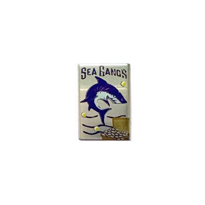 Sea Shark Titanium Lanyard Bead: silver Sea Gangs shark artwork bead on white (gallery view 07).
