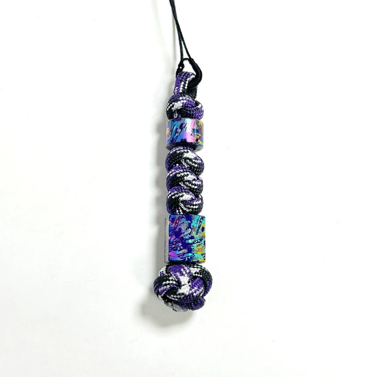 Classic Splatter Titanium Lanyard Beads: single-bead purple lanyard hanging on white (gallery view 04).