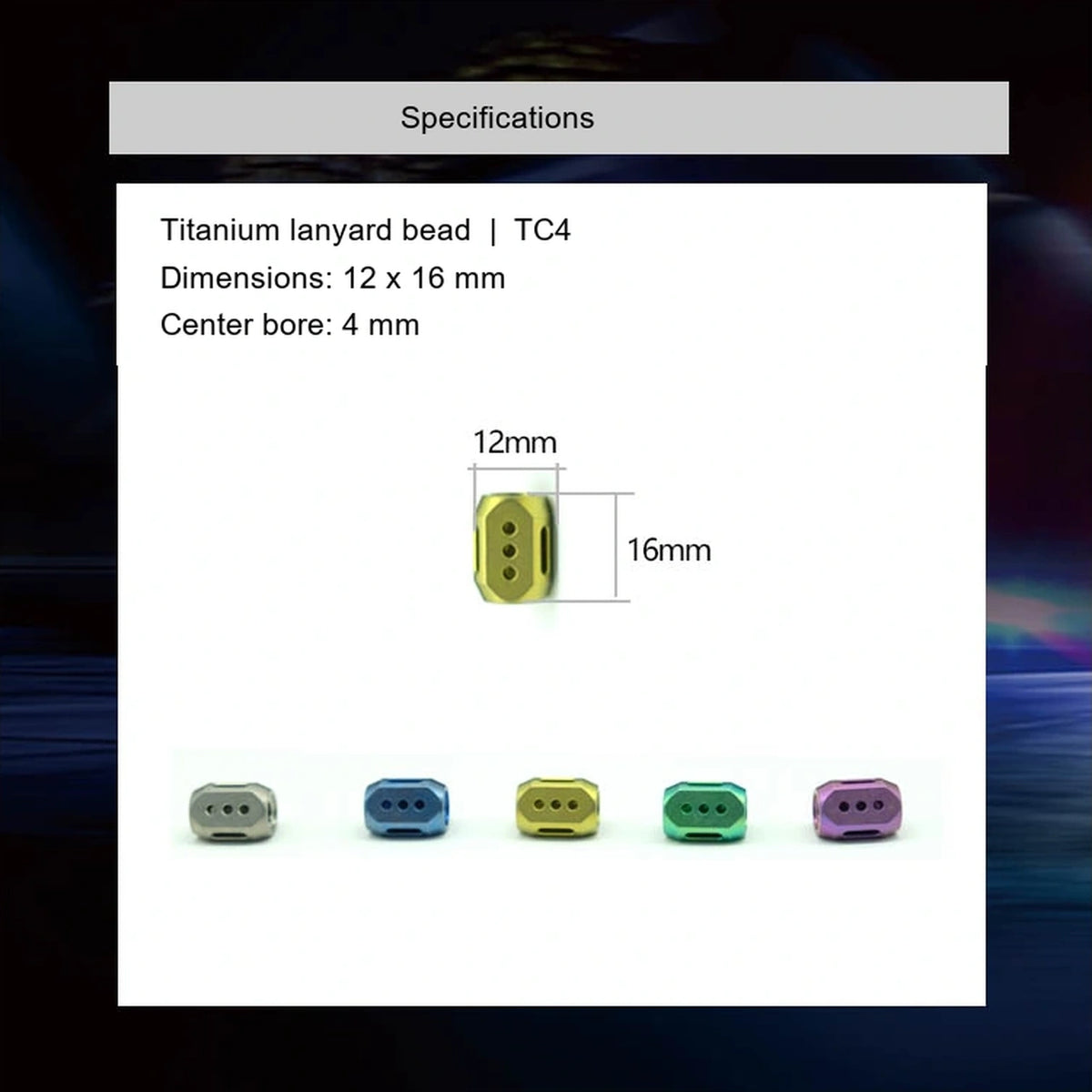 Nine-Star TC4 Titanium Lanyard Bead: specification diagram showing TC4 titanium dimensions and bore (gallery view 05).