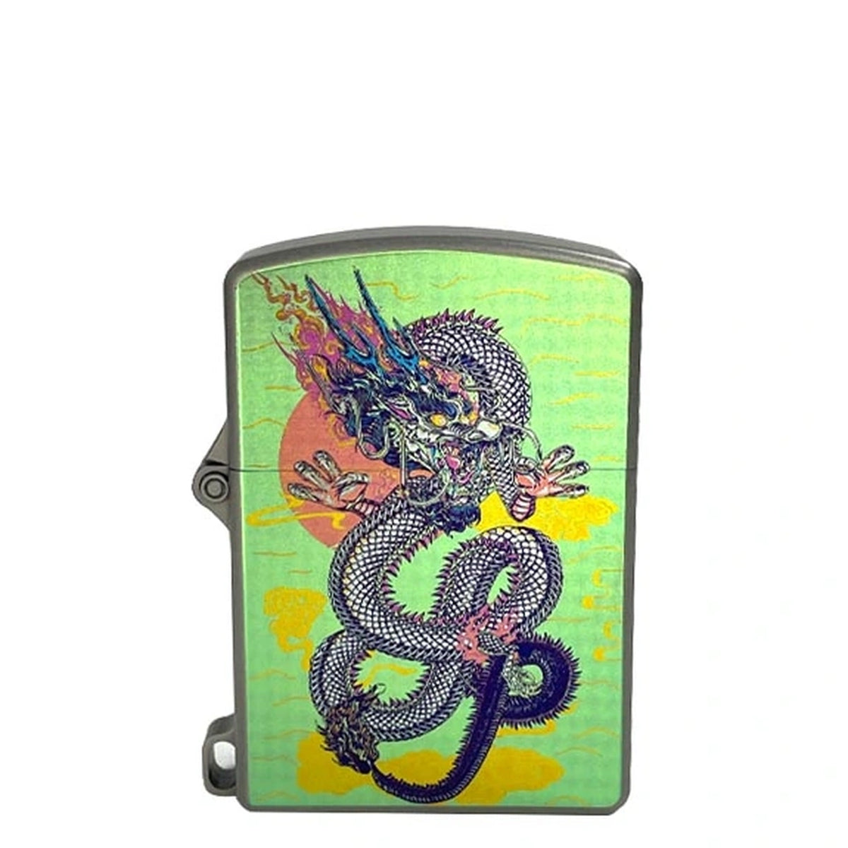 Titanium Wick Lighter: dragon artwork on a green background face (gallery view 07).
