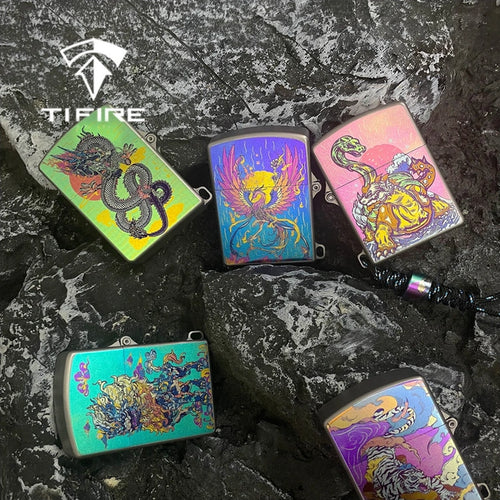 Titanium Wick Lighter: five mythical-beast artwork lighter bodies on stone (gallery view 01).