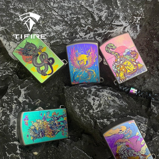 Titanium Wick Lighter: five mythical-beast artwork lighter bodies on stone (gallery view 01).