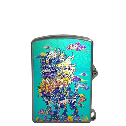 Titanium Wick Lighter: qilin artwork on a turquoise background face (gallery view 10).