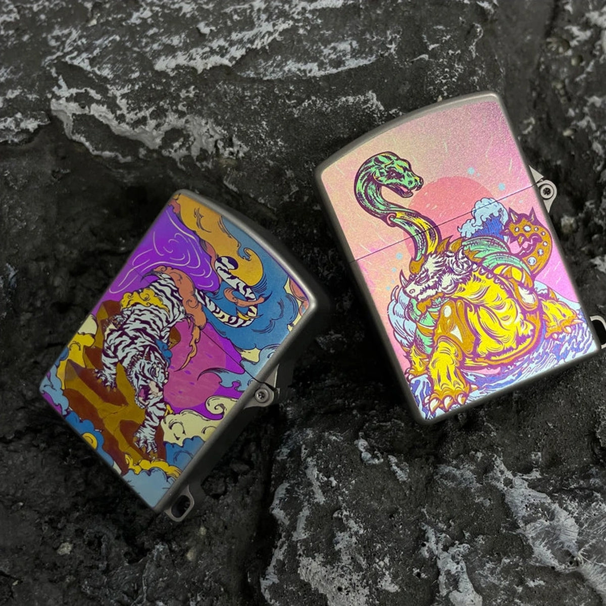Titanium Wick Lighter: tiger and tortoise artwork bodies compared (gallery view 02).