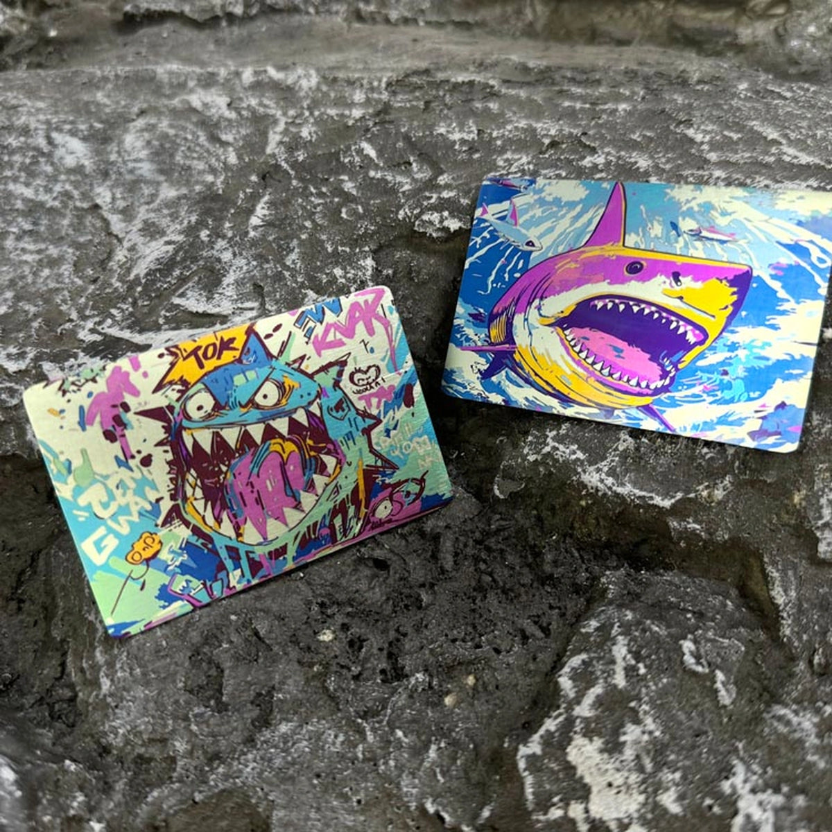 Illustrated Titanium Morale Patch: two shark artwork patches resting on stone (gallery view 02).