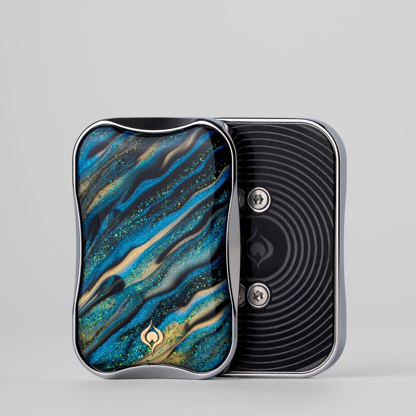EDC Slider – Peacock Aura Sand | Stainless Steel Titanium Zirconium Sand Push Slider