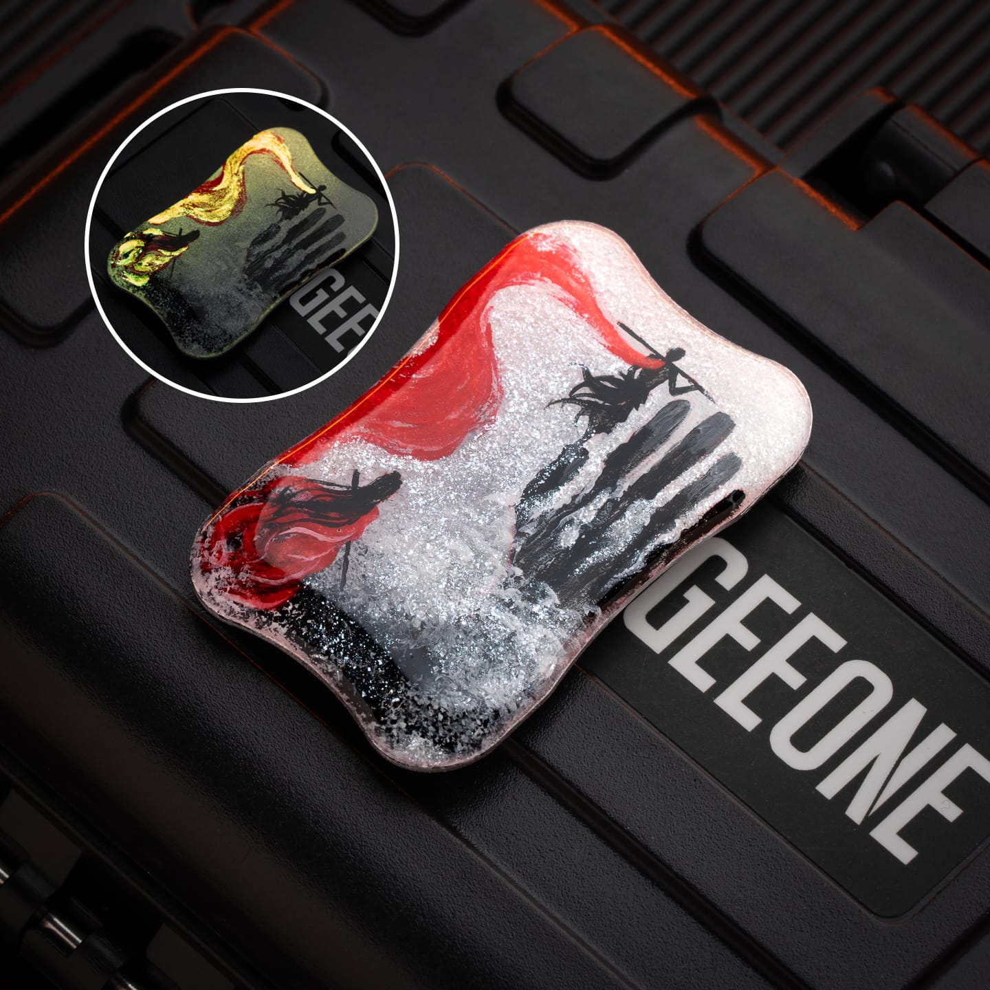 EDC Slider – Peacock Aura Sand | Stainless Steel Titanium Zirconium Sand Push Slider